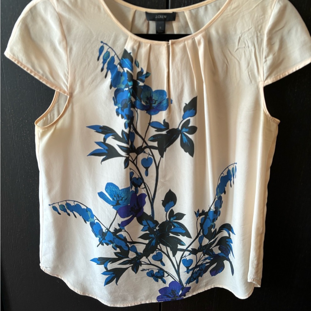 J. Crew Cream Blouse with Blue Floral Design